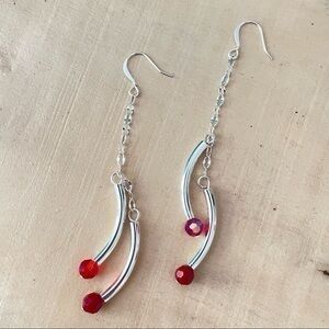 2/$29 Curved Bar Dangle Earring Handmade 3.5” Dual Tone Red Silver Handmade